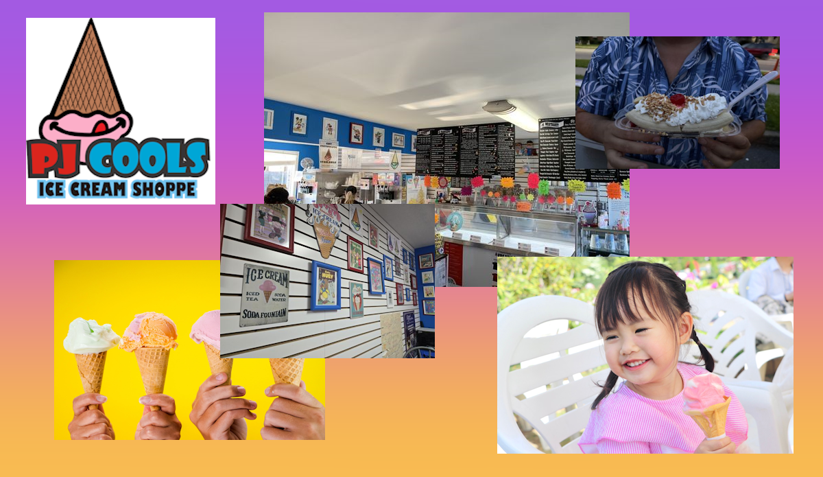 PJ Cools moodboard combining the brand, ice cream, store details, and customer emotion
