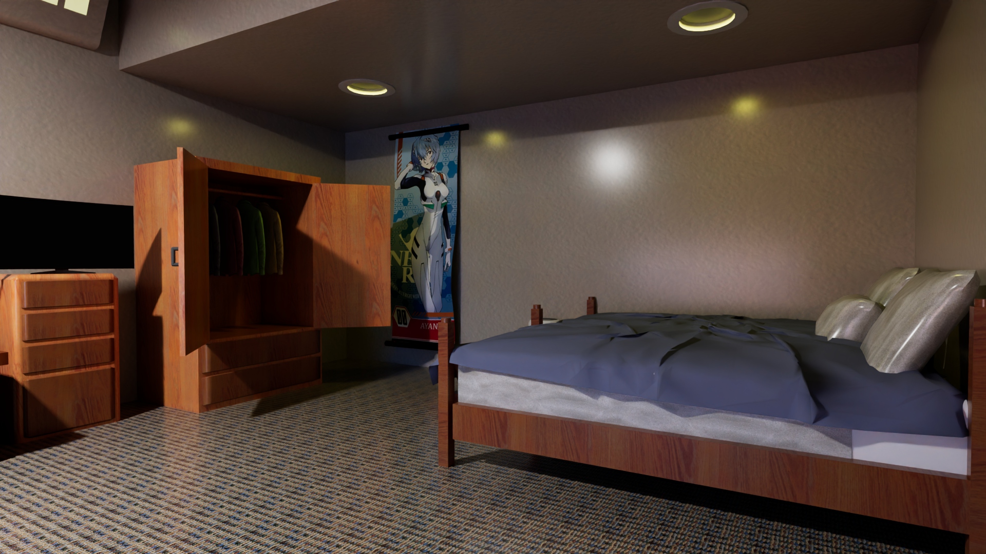 3D model showing the bed and wardrobe